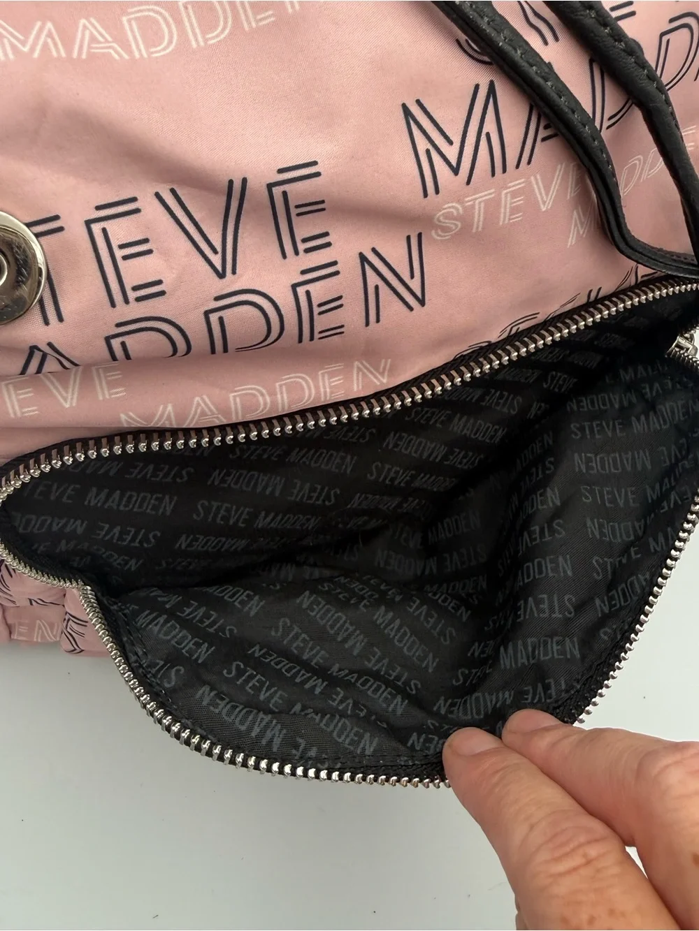 Steve Madden Pink Nylon Mini Backpack All Over Logo Spellout Drawstring Flap